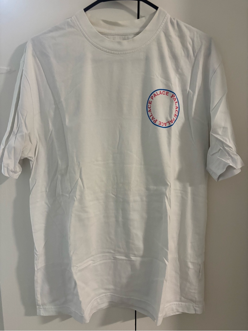 WORN ONCE PALACE White Short-Sleeve Tee with Red & Blue Circular Logo